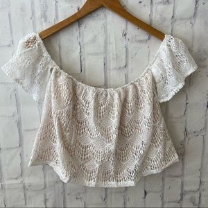 Anthropologie roe + may Batik Lace Off Shoulder Tube Top Antique White Beige
